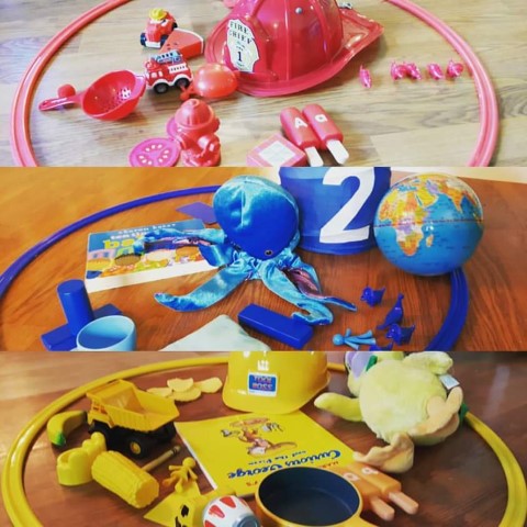 Children hunt for coloured items and sort them in to the hoops. This supports children's awareness of the world around them through playful exploration/problem-solving. - Britta's House Community Day Care Home.
